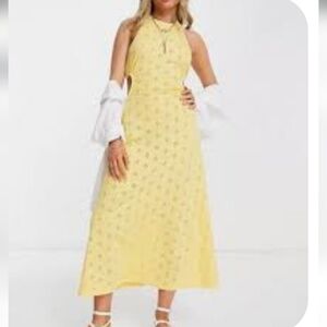 ASOS Design 4D Eyelet Halter Midi Dress Sunny Yellow Backless Cross Straps Sz 10